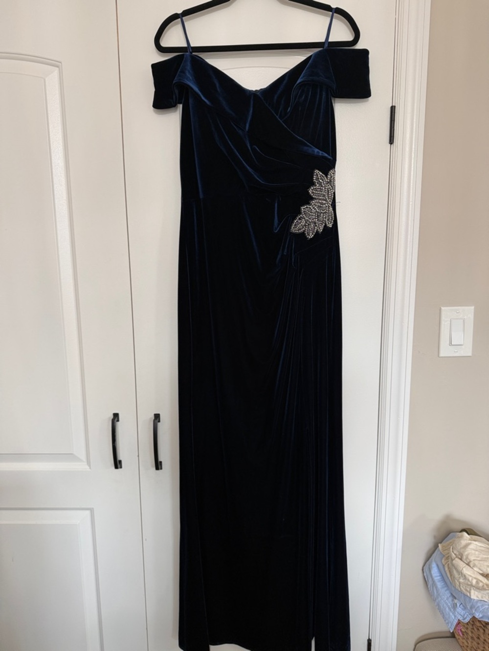 Alex Evenings Navy Blue Velvet Off-Shoulder Evening Gown with Beaded Accent